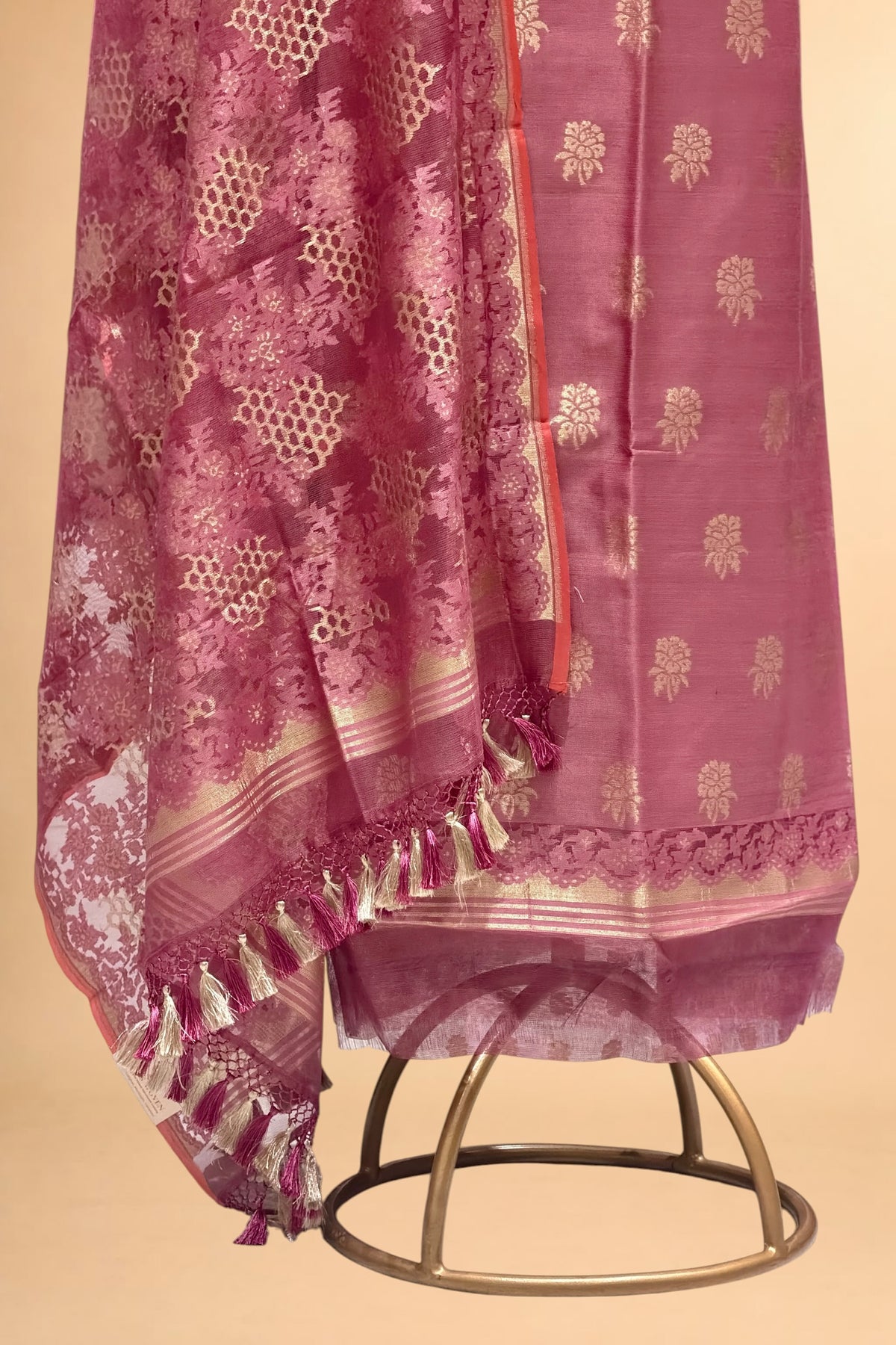 Dusty Rose Pink Banarasi Pure Fine Raw Silk Suit Set with Kora Net Dupatta