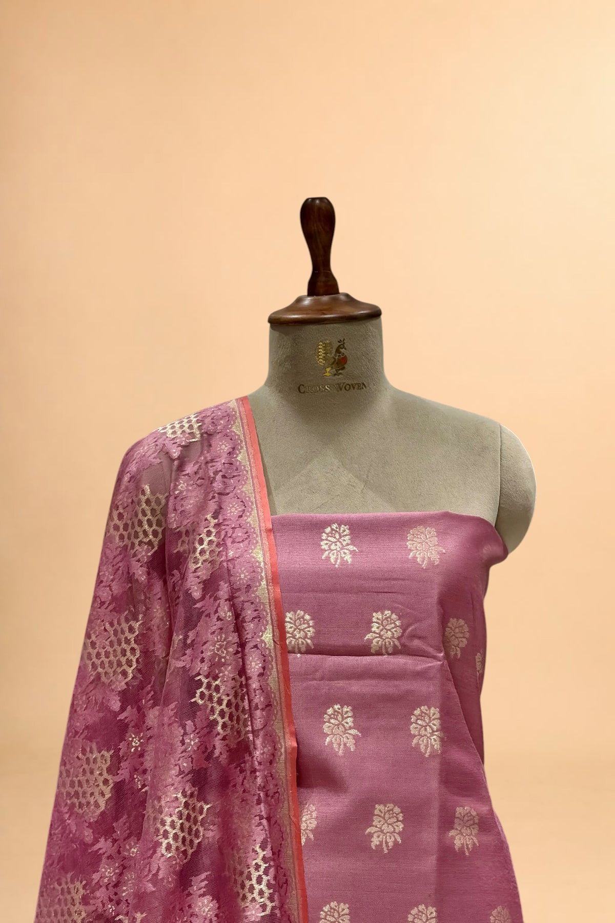 Dusty Rose Pink Banarasi Pure Fine Raw Silk Suit Set with Kora Net Dupatta