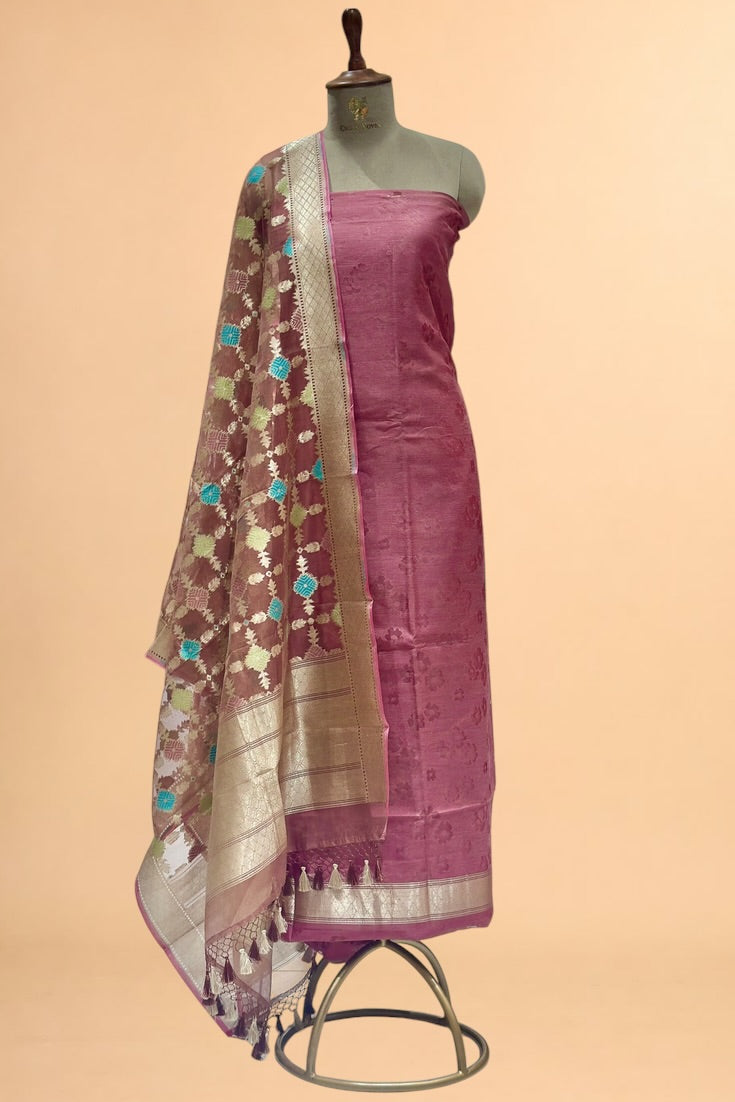 Dusty Rose Pink Banarasi Pure Fine Raw Silk Suit Set with Meena Kora Net Dupatta