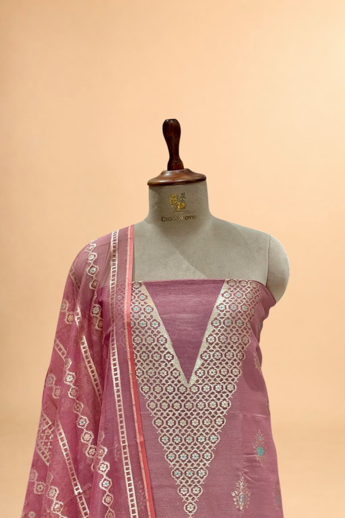 Dusty Rose Pink Banarasi Pure Fine Raw Silk Suit Set with Meena Kora Net Dupatta