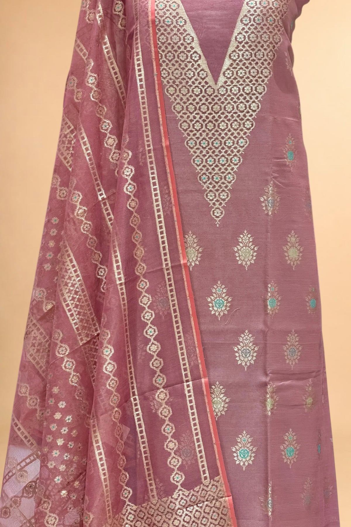 Dusty Rose Pink Banarasi Pure Fine Raw Silk Suit Set with Meena Kora Net Dupatta