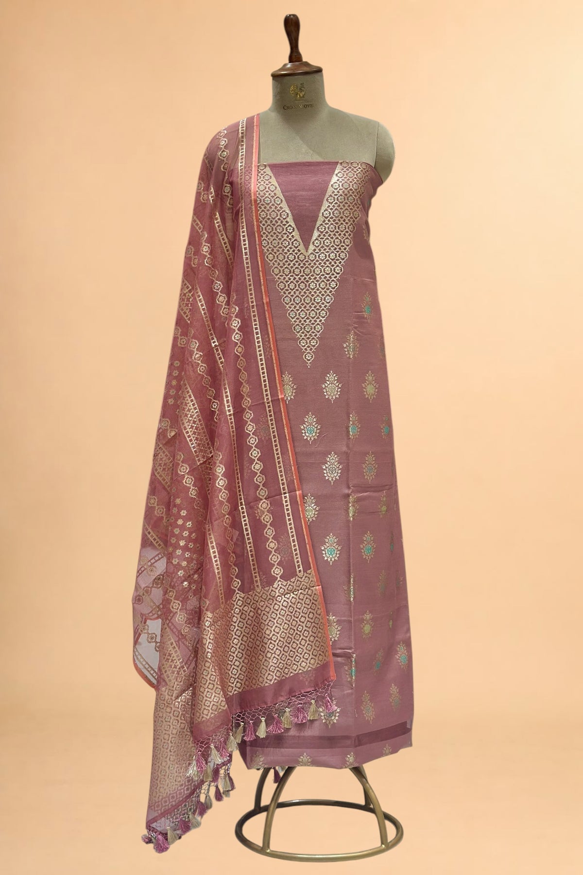 Dusty Rose Pink Banarasi Pure Fine Raw Silk Suit Set with Meena Kora Net Dupatta