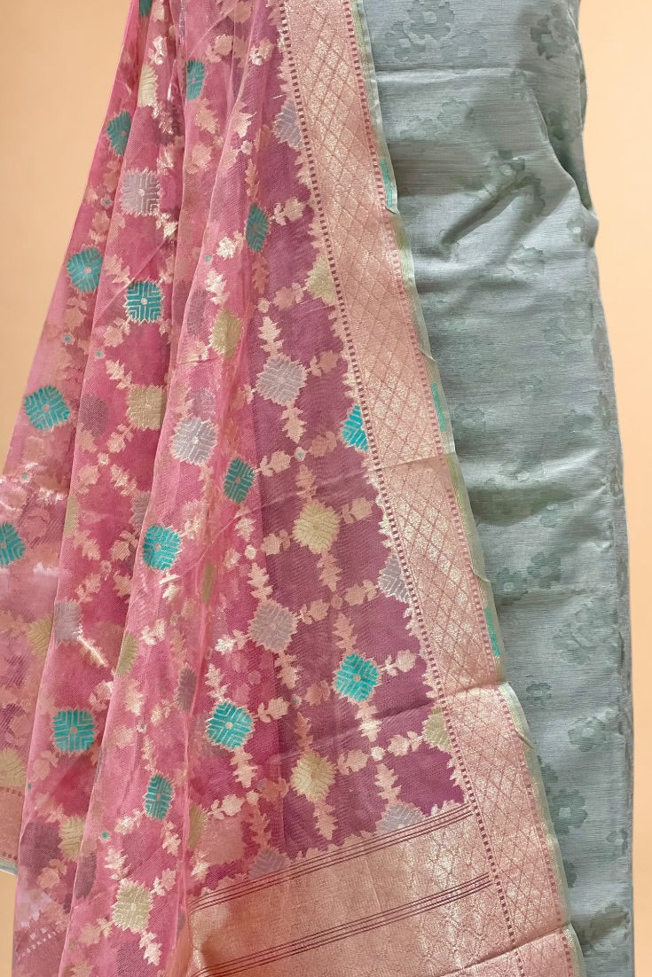 Grey Banarasi Pure Fine Raw Silk Suit Set with Meena Kora Net Dupatta