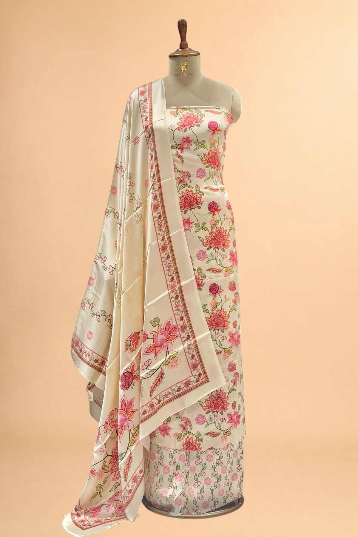 Ivory Printed Pure Muslin Silk Unstitched Suit Set