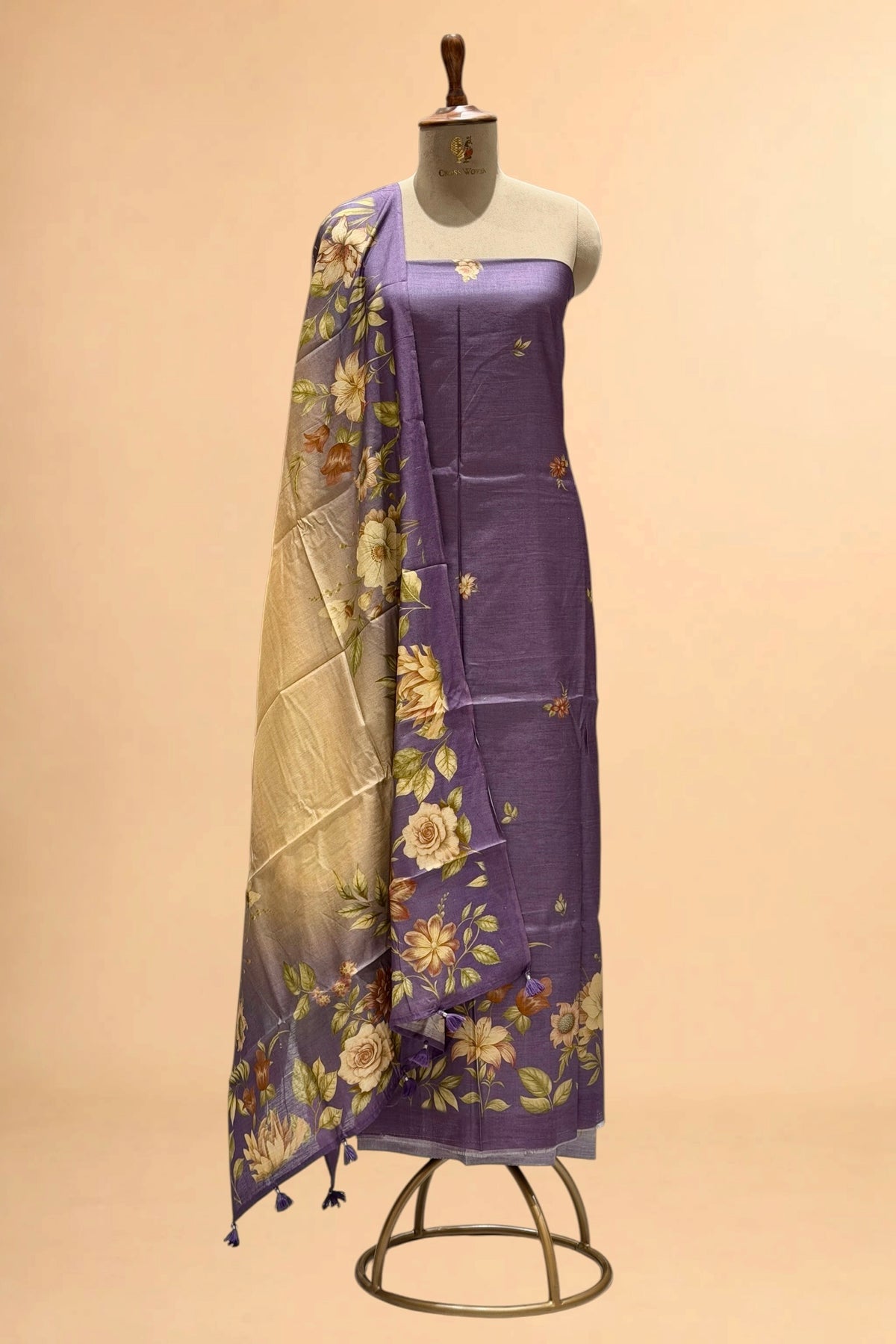 Lavender Printed Pure Banarasi Munga Silk Suit Set