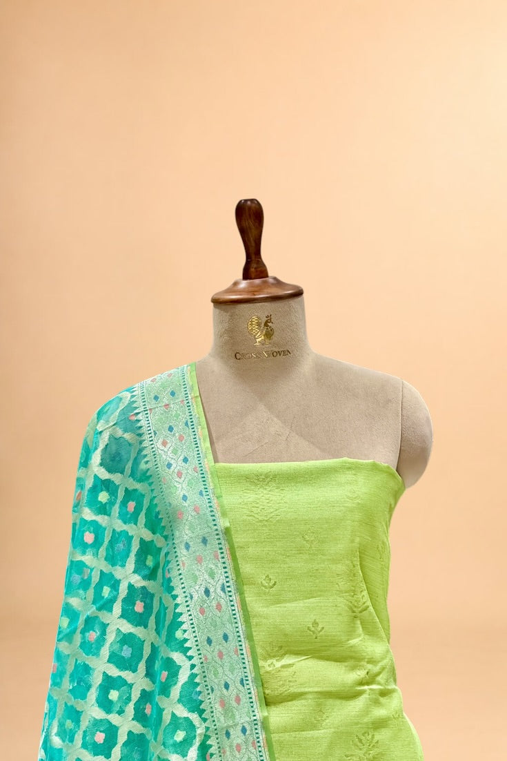 Lime Green Banarasi Pure Fine Raw Silk Suit Set with Meena Kora Net Dupatta
