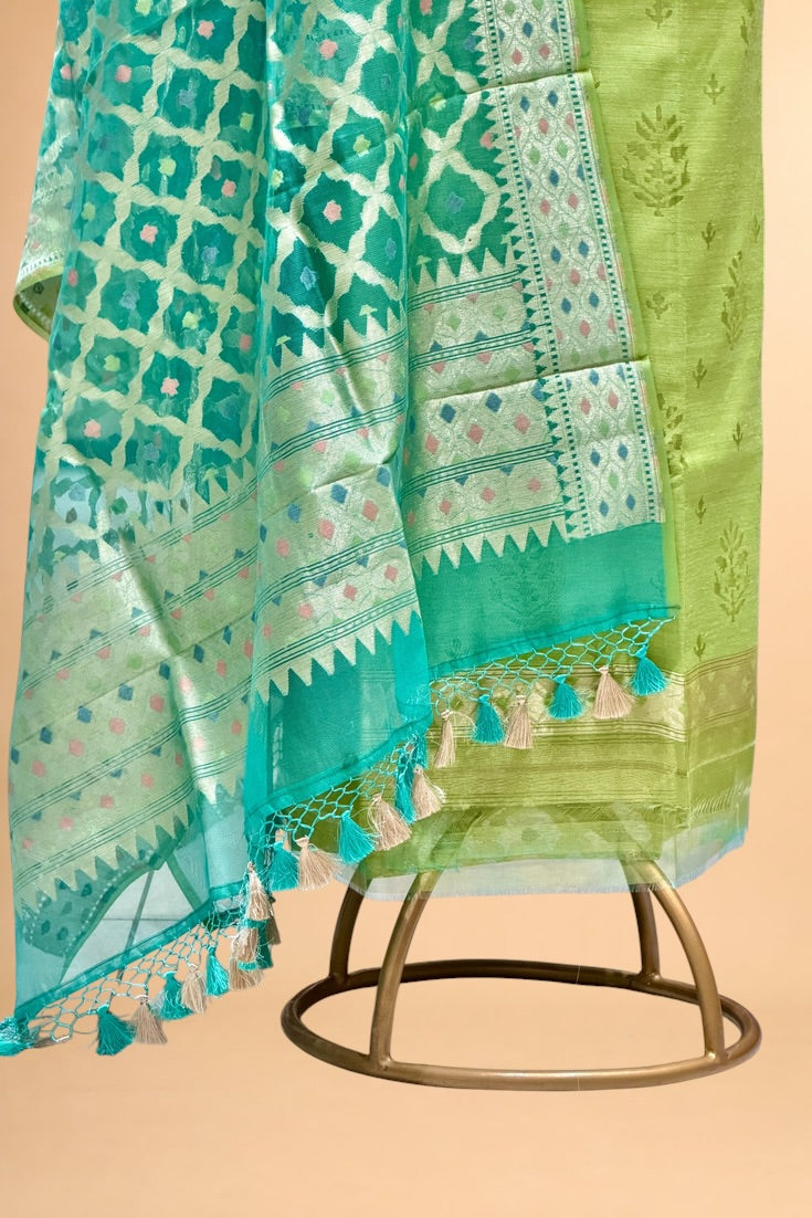 Lime Green Banarasi Pure Fine Raw Silk Suit Set with Meena Kora Net Dupatta