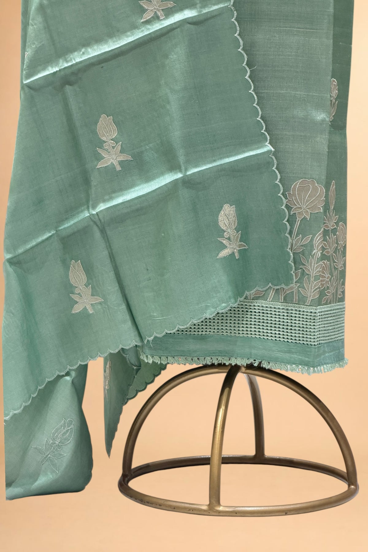Mint Green Pure Tusser Silk Suit Set with Tissue Appliqué Pattern