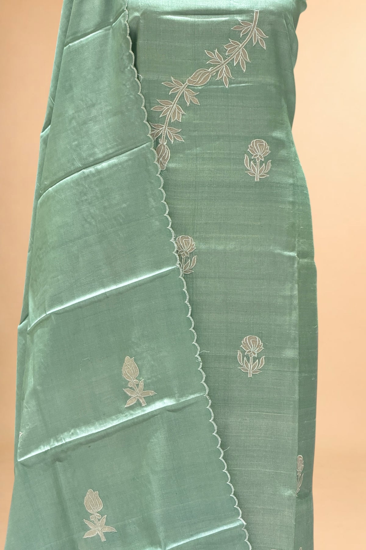Mint Green Pure Tusser Silk Suit Set with Tissue Appliqué Pattern