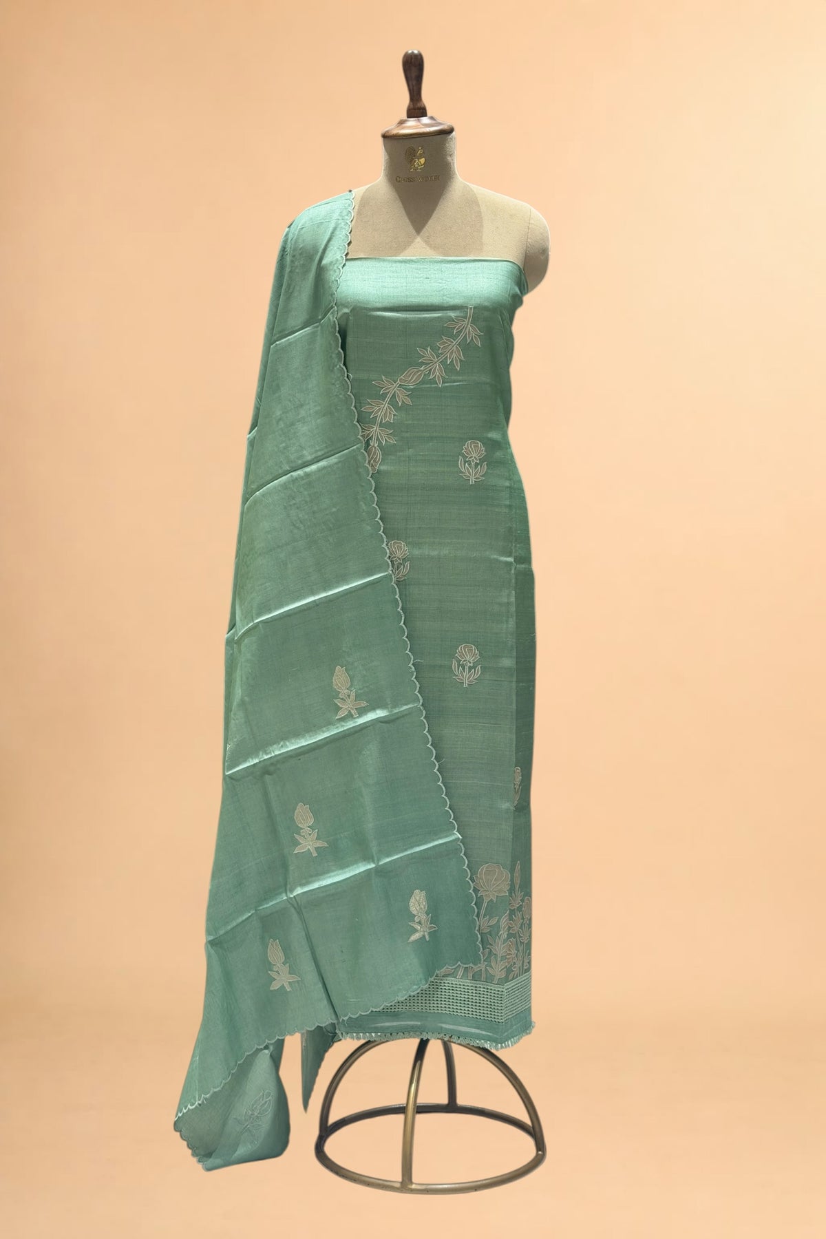 Mint Green Pure Tusser Silk Suit Set with Tissue Appliqué Pattern