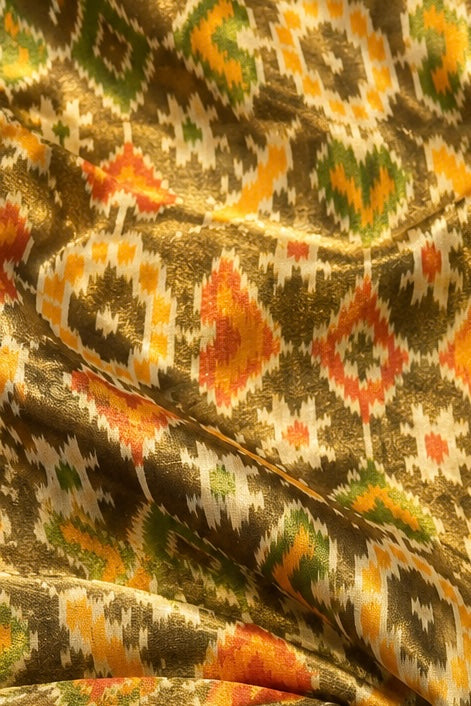 Olive Green Pure Tissue Silk Ikkat Fabric