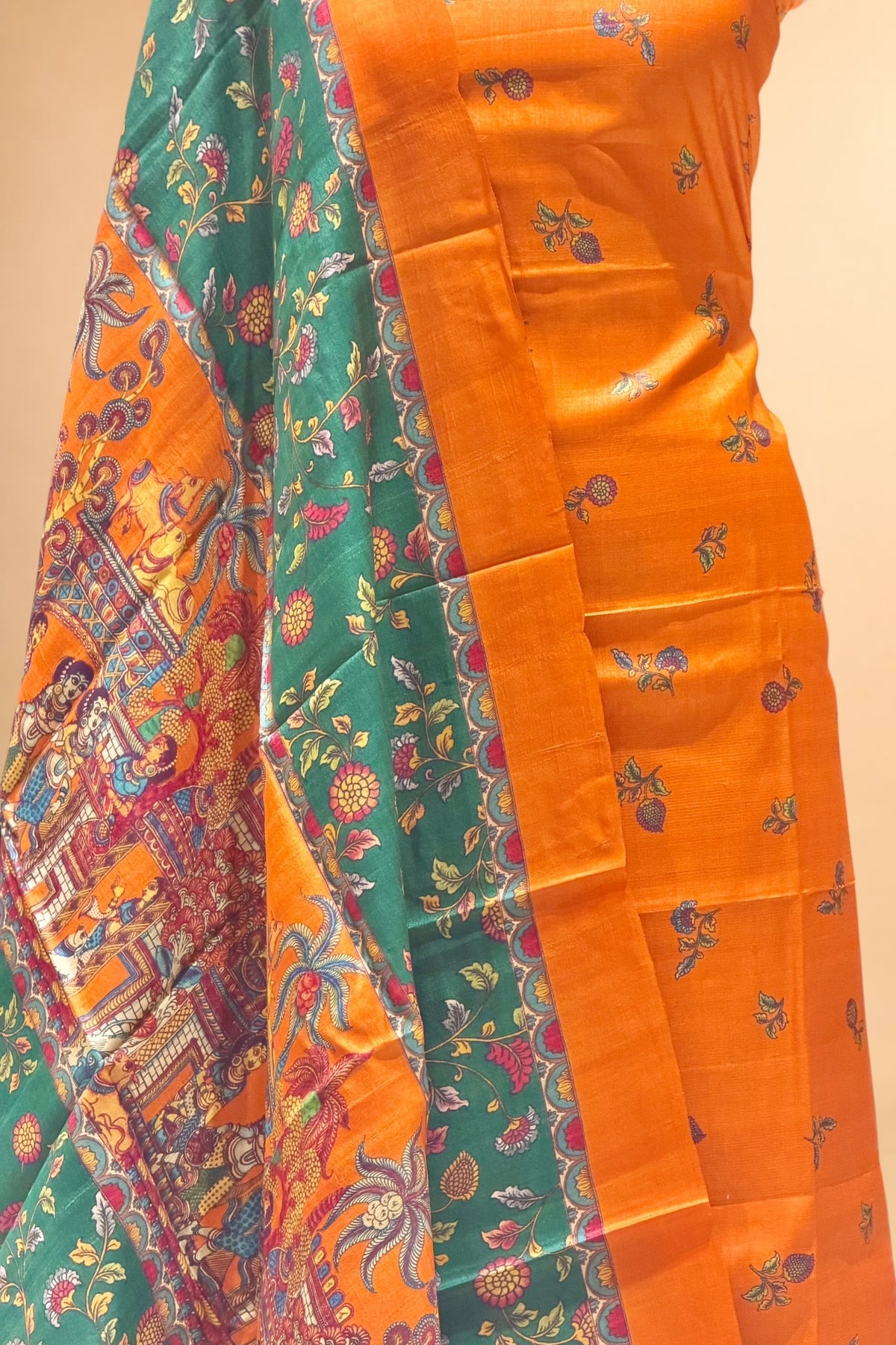 Orange Pure Tusser Printed Silk Suit Set