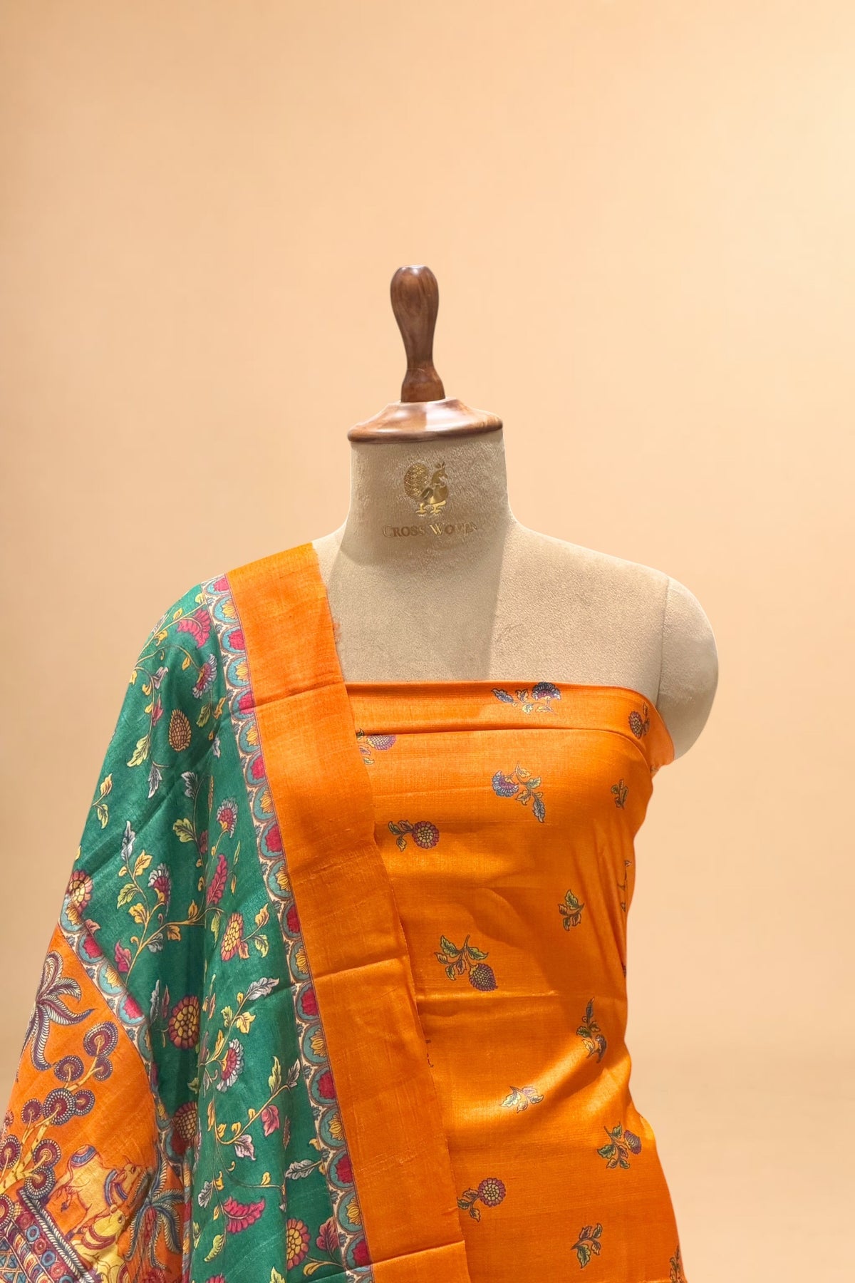 Orange Pure Tusser Printed Silk Suit Set