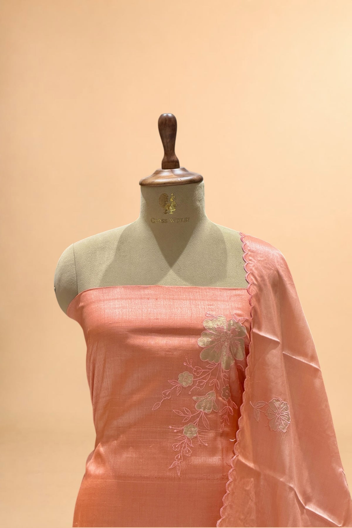 Peach Pure Tusser Silk Suit Set with Tissue Appliqué Pattern