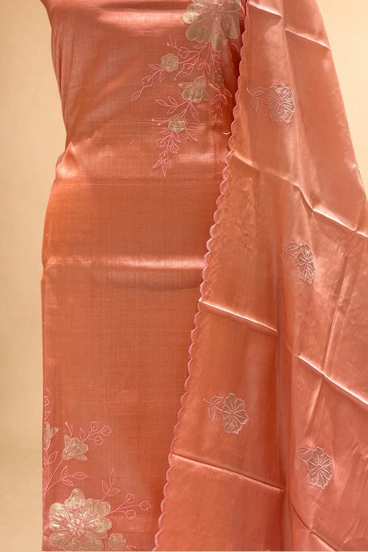 Peach Pure Tusser Silk Suit Set with Tissue Appliqué Pattern