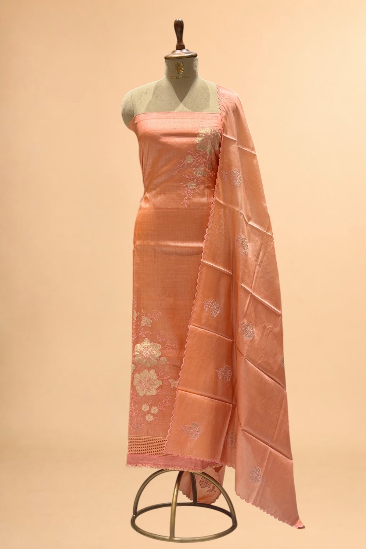 Peach Pure Tusser Silk Suit Set with Tissue Appliqué Pattern