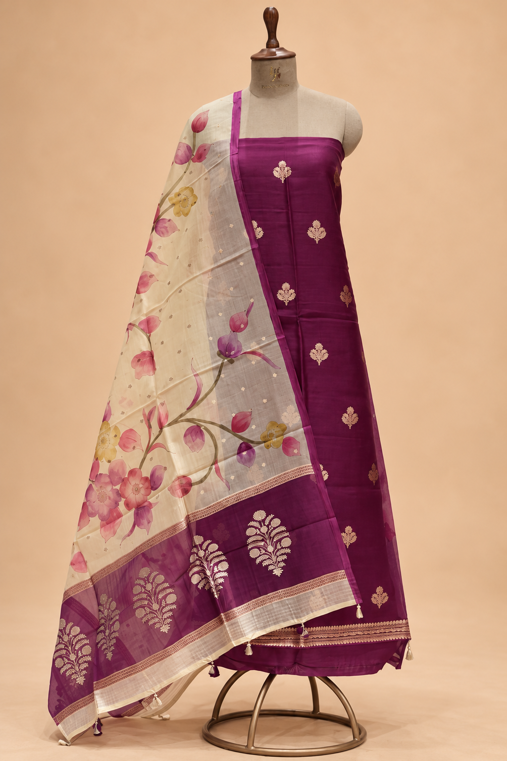 Plum Purple Organza Silk Suit Set with Hand Brush Painted Dupatta