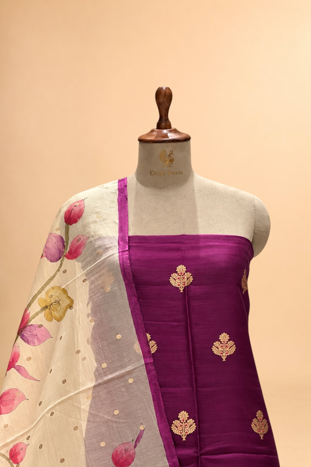 Plum Purple Organza Silk Suit Set with Hand Brush Painted Dupatta