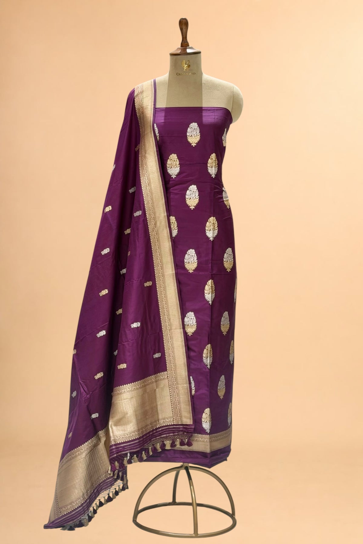 Purple Katan Silk Suit Set With Handwoven Dupatta