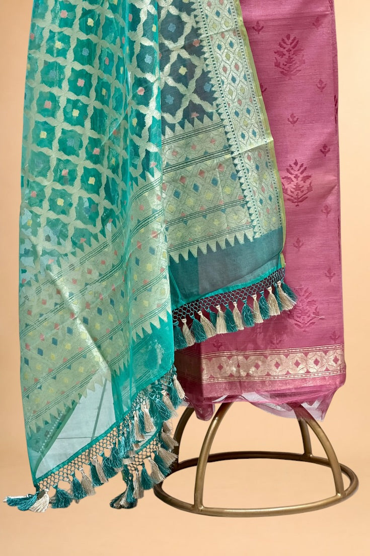 Rose Pink Banarasi Pure Fine Raw Silk Suit Set with Meena Kora Net Dupatta
