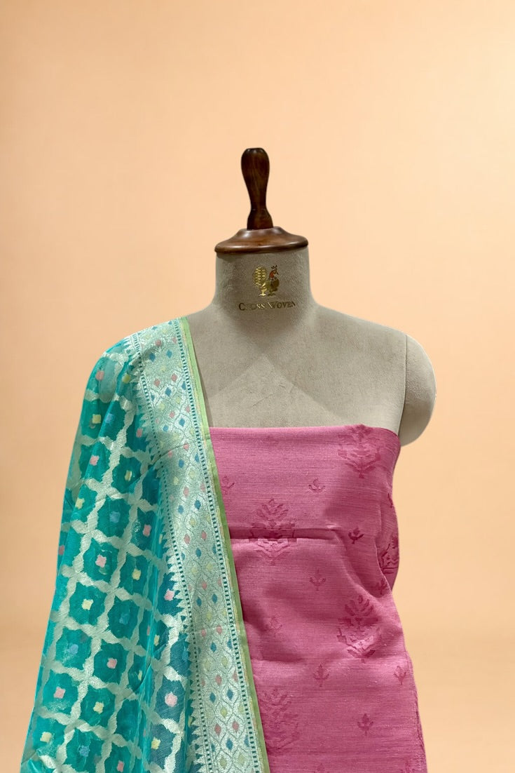 Rose Pink Banarasi Pure Fine Raw Silk Suit Set with Meena Kora Net Dupatta