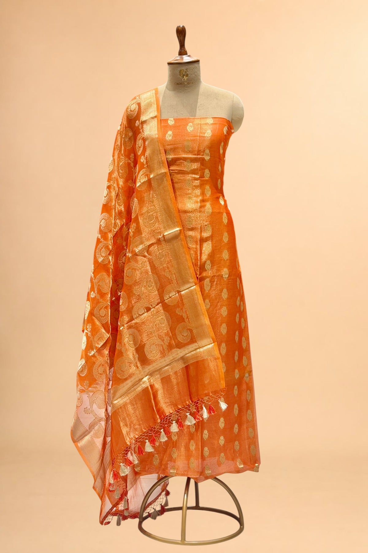 Rust Orange Tissue Silk Suit Set with Jaal Dupatta
