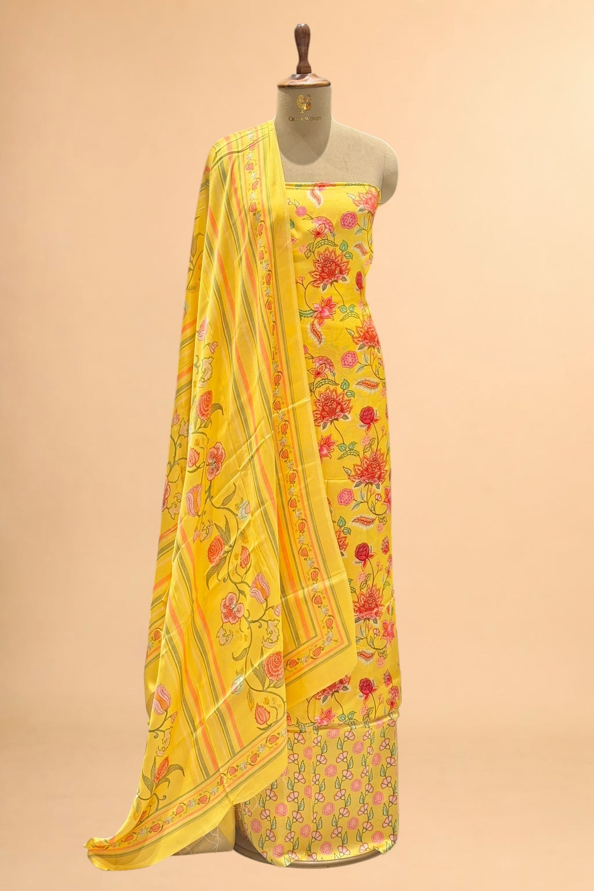 Sunshine Yellow Printed Pure Muslin Silk Unstitched Suit Set