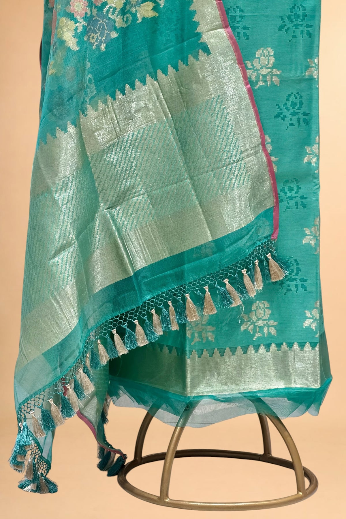 Teal Banarasi Pure Fine Raw Silk Suit Set with Meena Kora Net Dupatta