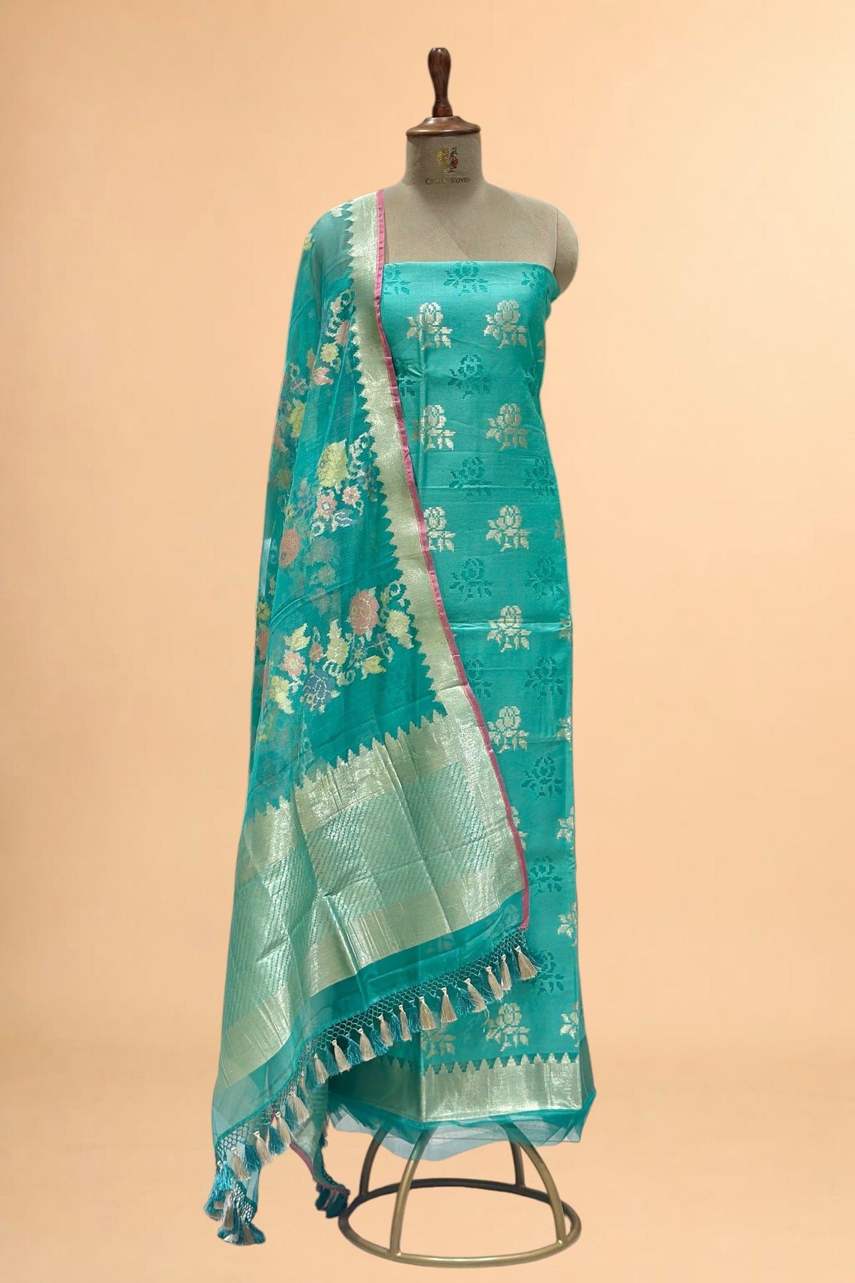 Teal Banarasi Pure Fine Raw Silk Suit Set with Meena Kora Net Dupatta