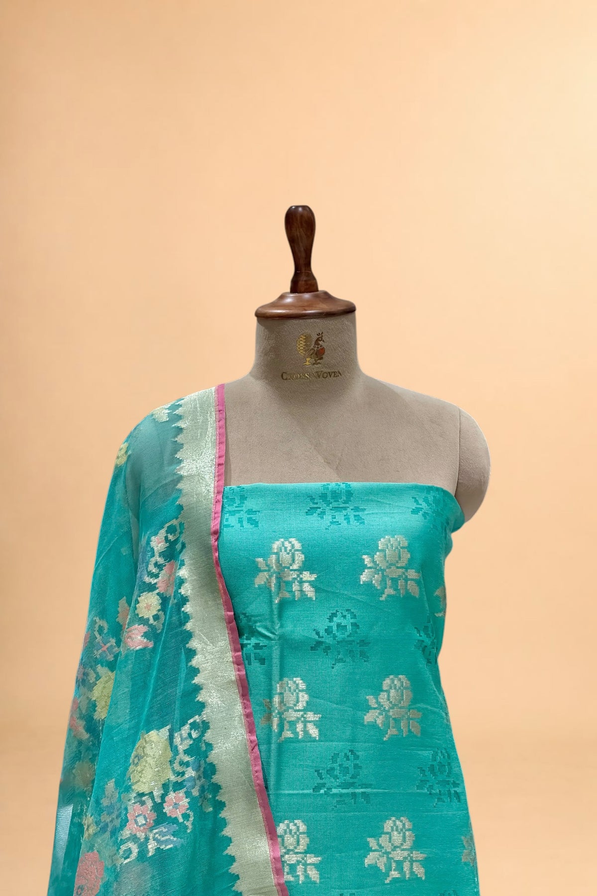 Teal Banarasi Pure Fine Raw Silk Suit Set with Meena Kora Net Dupatta