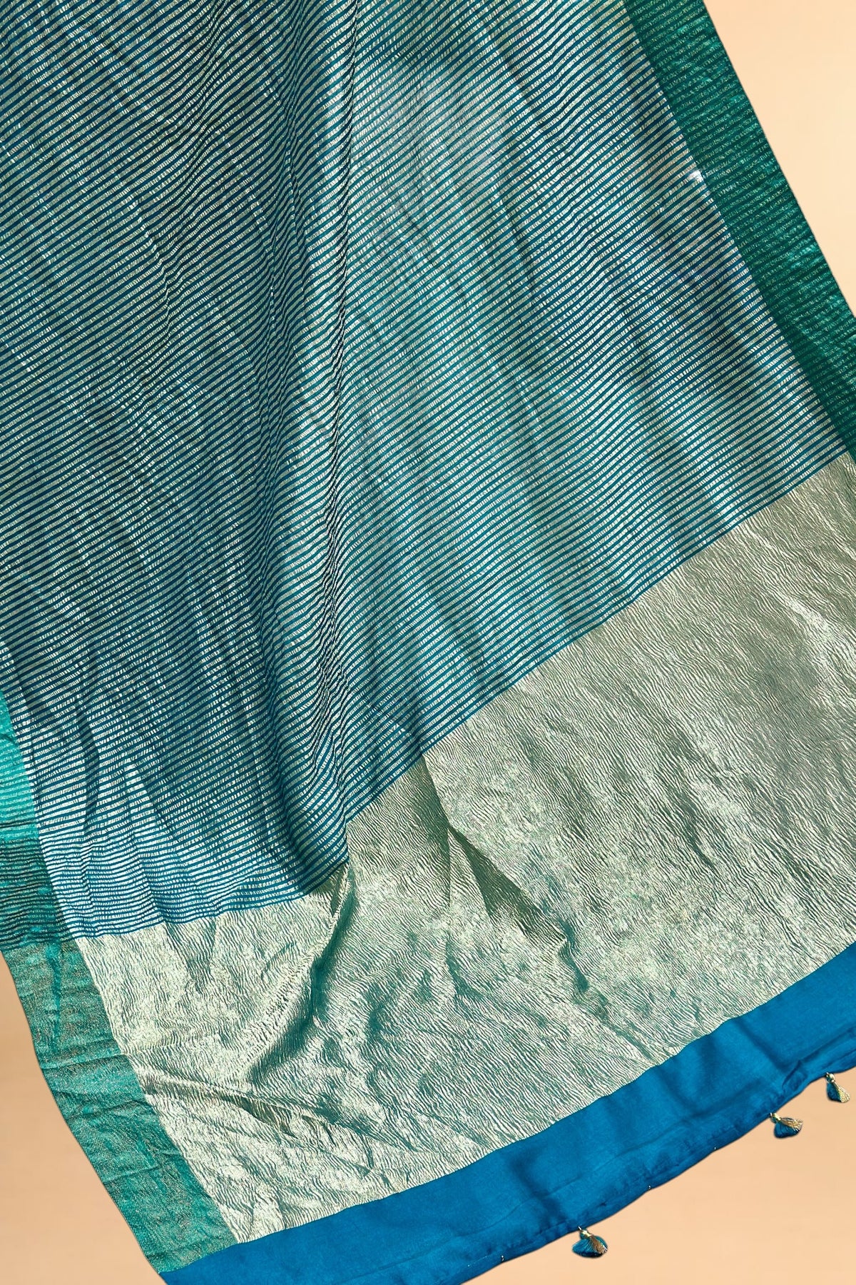 Teal Pure Munga Silk Saree With Tissue Stripes