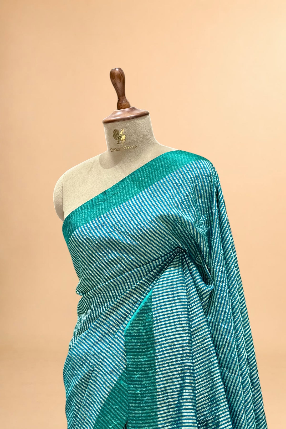Teal Pure Munga Silk Saree With Tissue Stripes