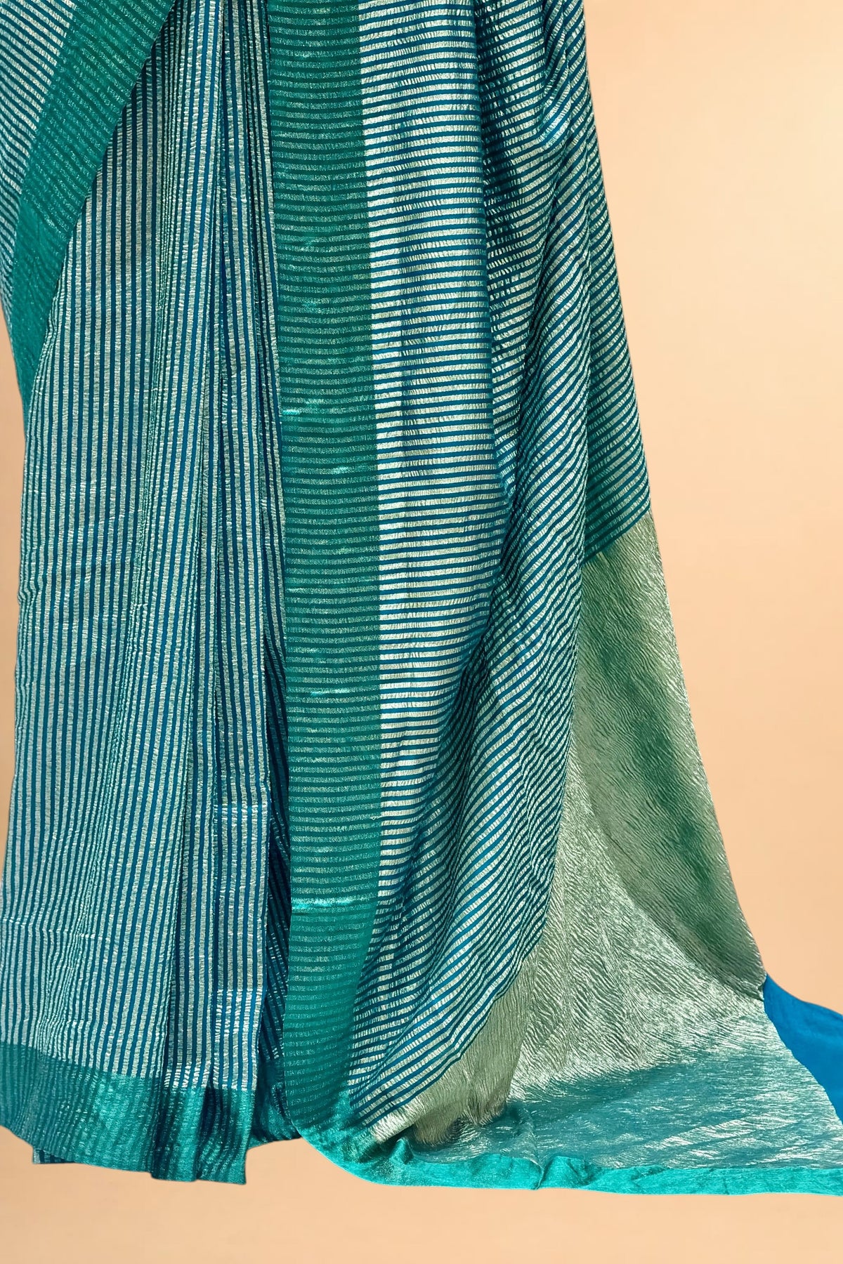 Teal Pure Munga Silk Saree With Tissue Stripes