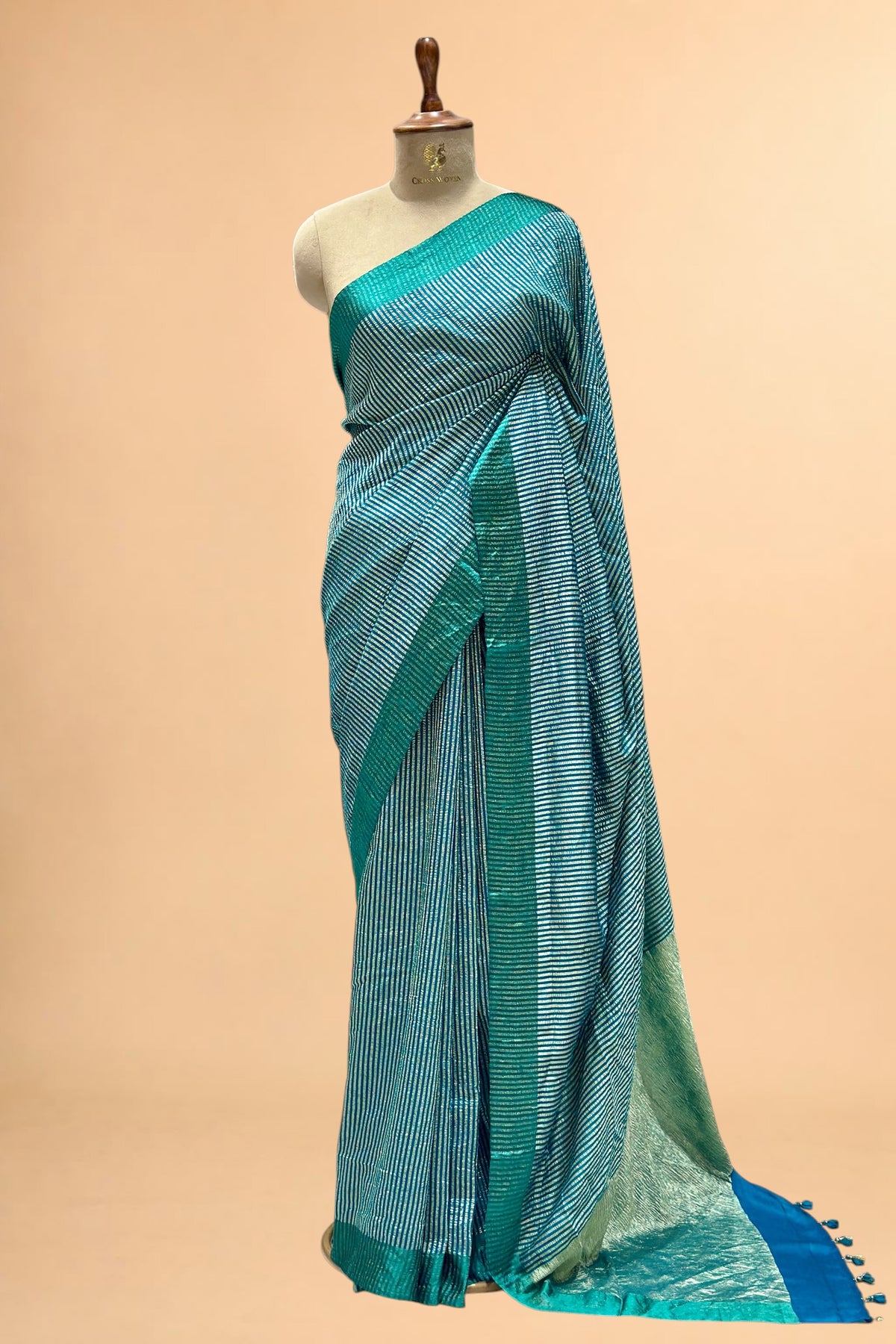 Teal Pure Munga Silk Saree With Tissue Stripes
