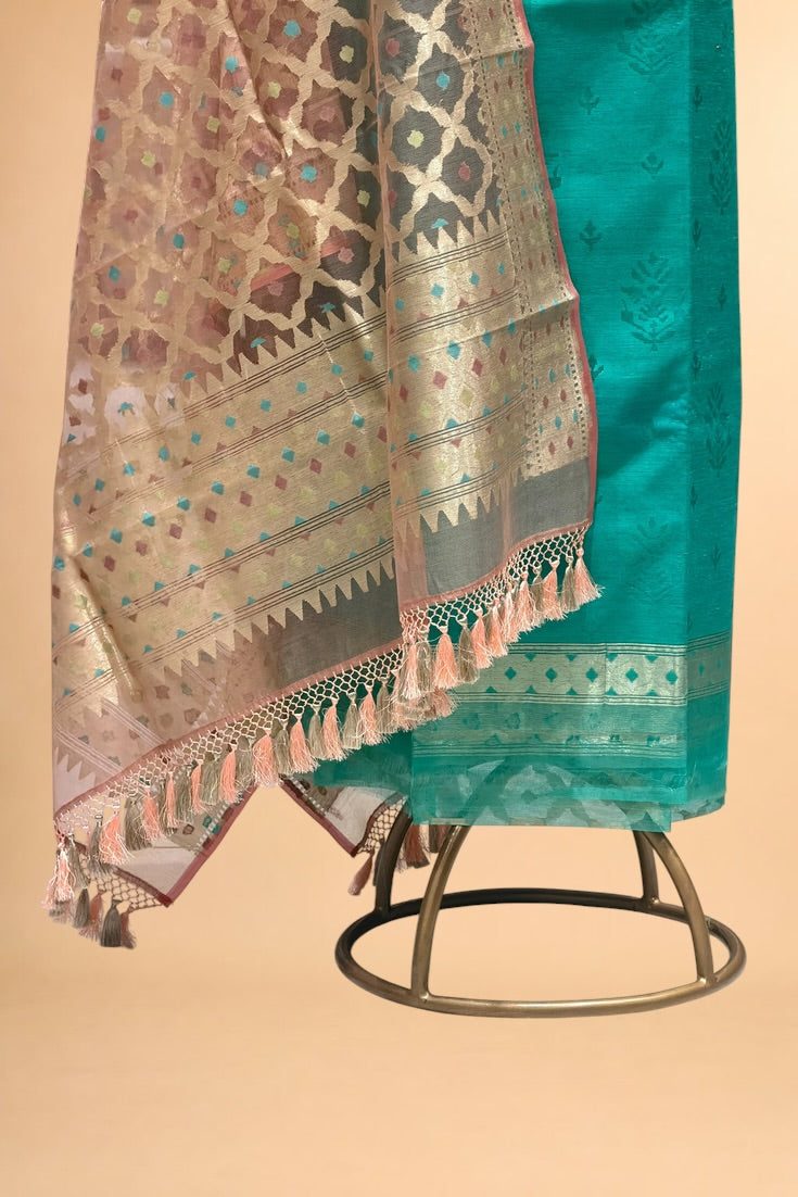 Turquoise Blue Banarasi Pure Fine Raw Silk Suit Set with Meena Kora Net Dupatta