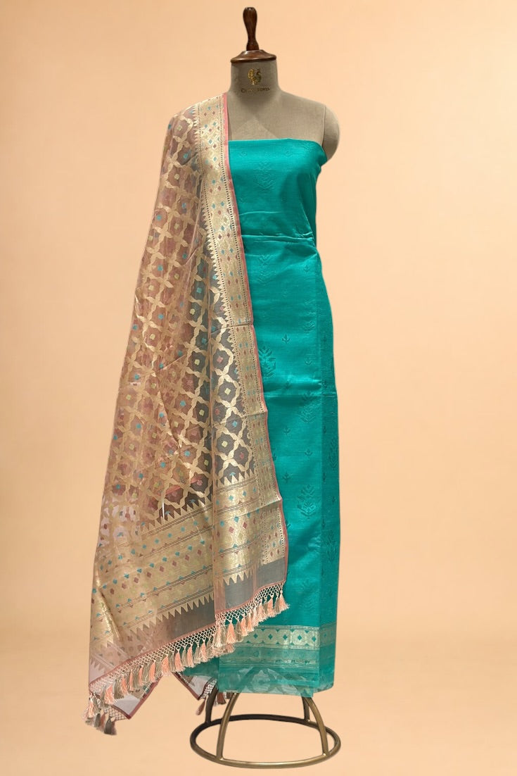 Turquoise Blue Banarasi Pure Fine Raw Silk Suit Set with Meena Kora Net Dupatta