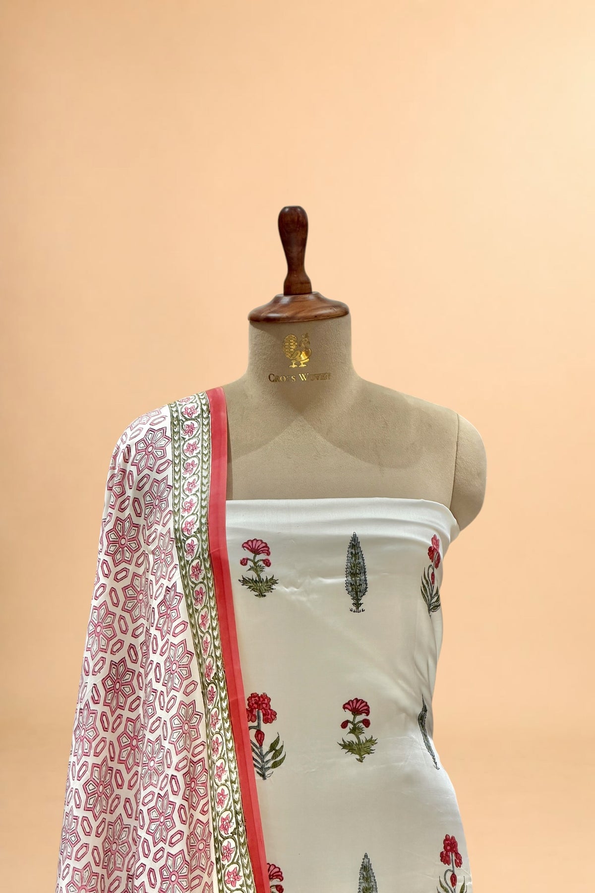 White Printed Pure Muslin Silk Unstitched Suit Set