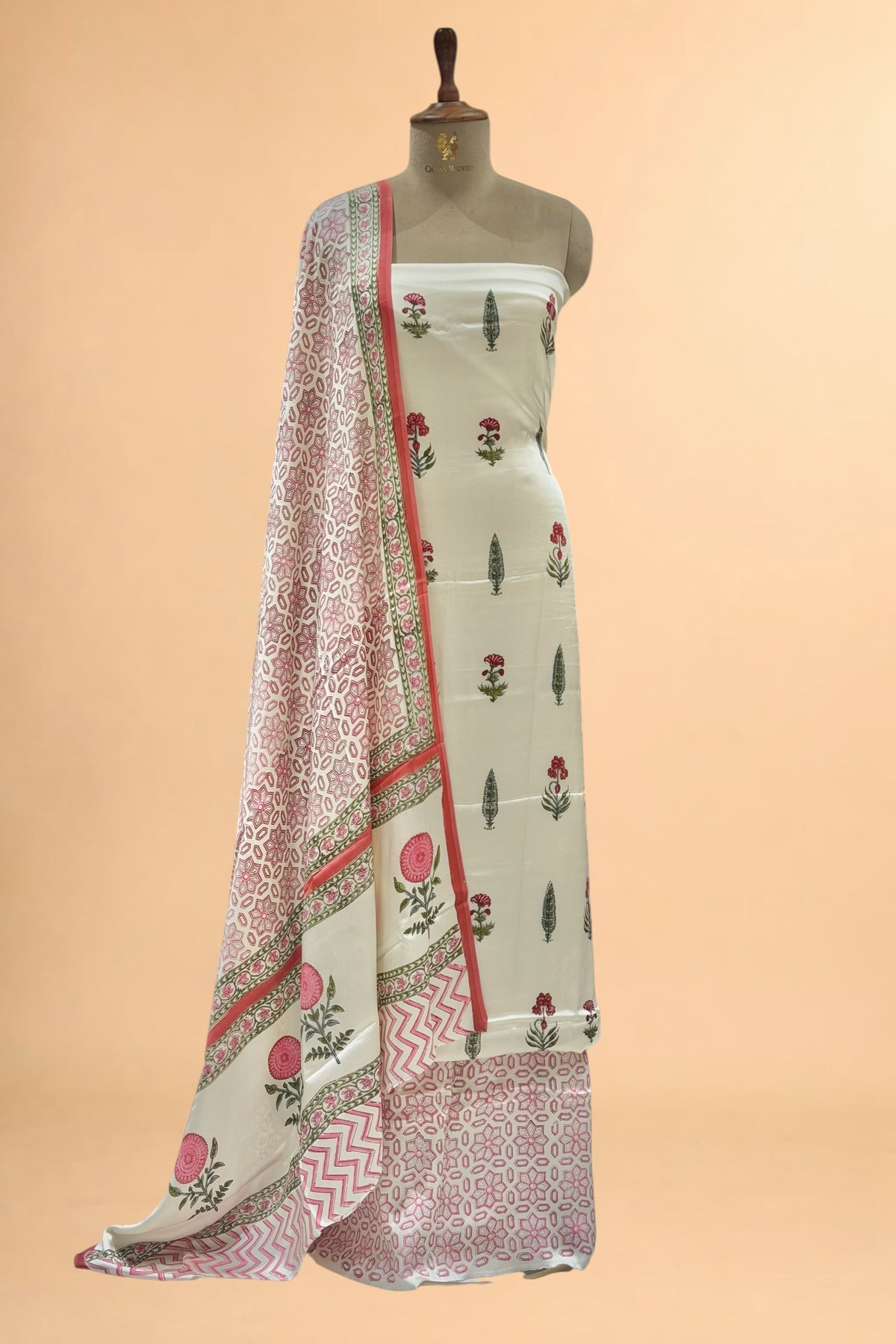 White Printed Pure Muslin Silk Unstitched Suit Set