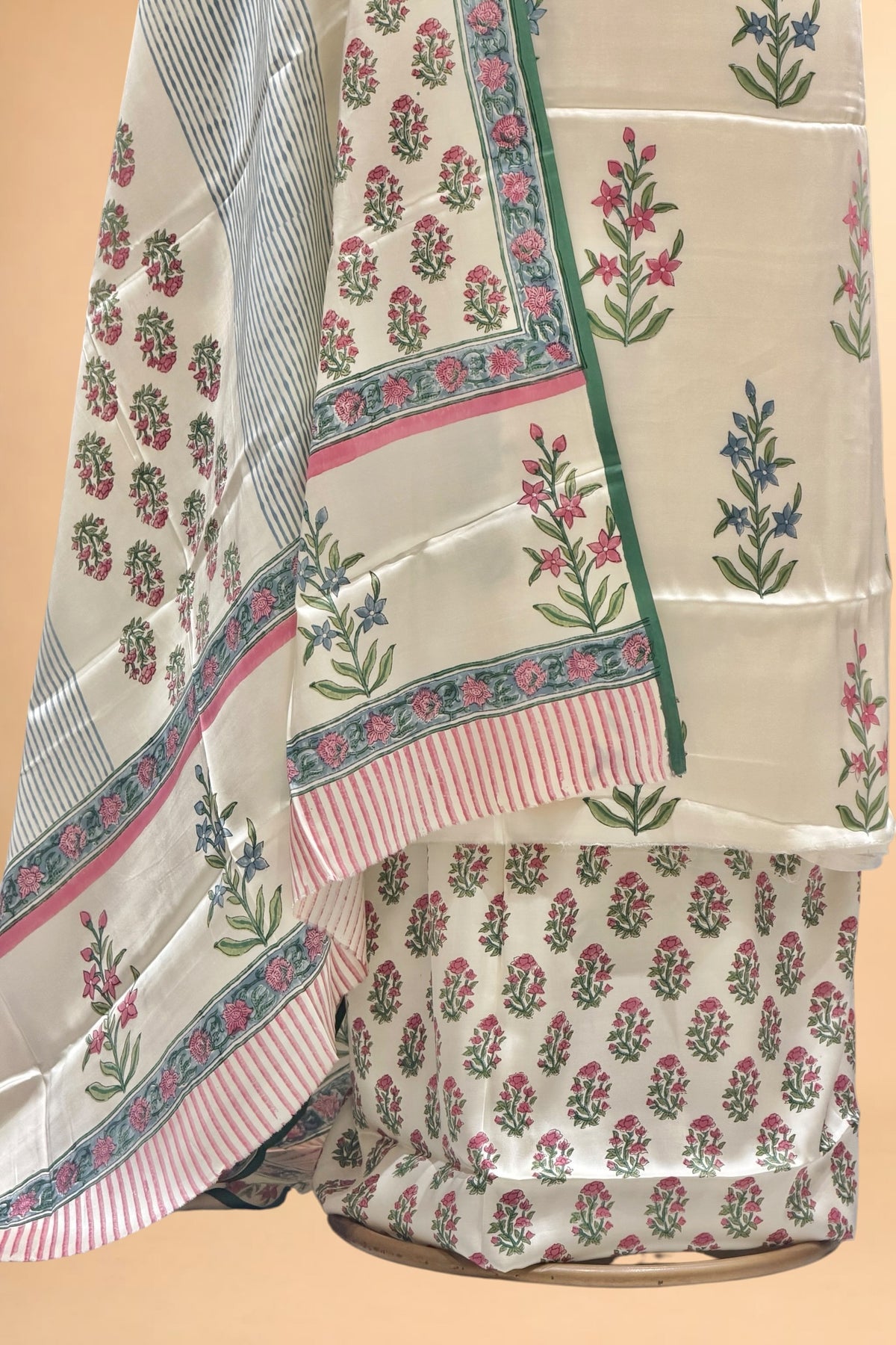 White Printed Pure Muslin Silk Unstitched Suit Set