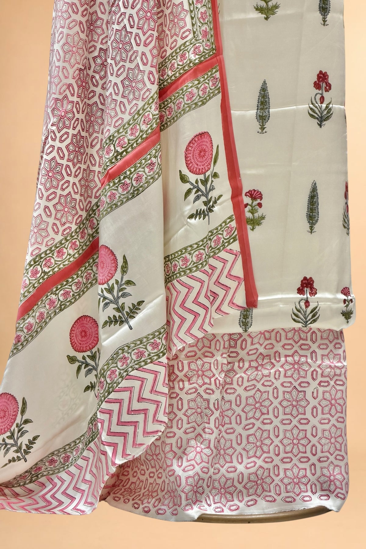 White Printed Pure Muslin Silk Unstitched Suit Set