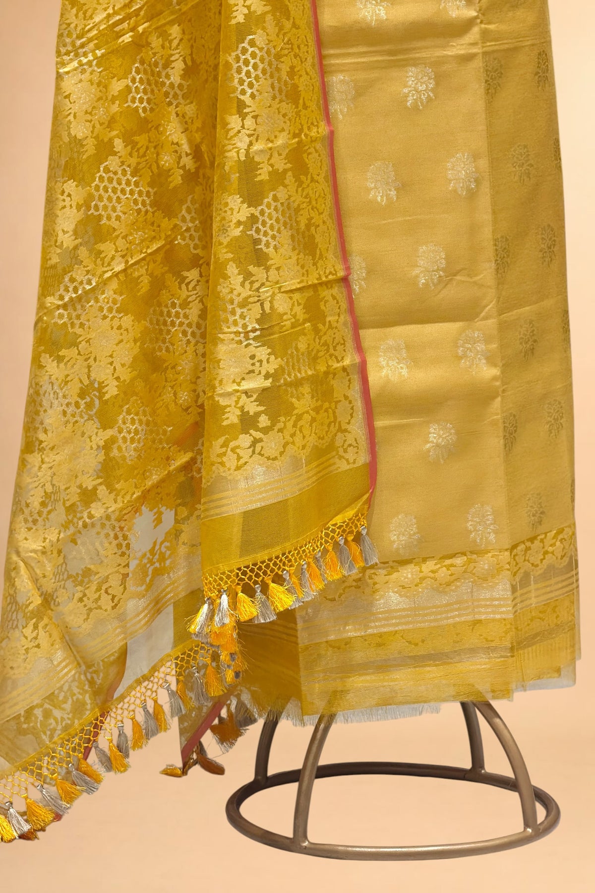 Yellow Banarasi Pure Fine Raw Silk Suit Set with Kora Net Dupatta