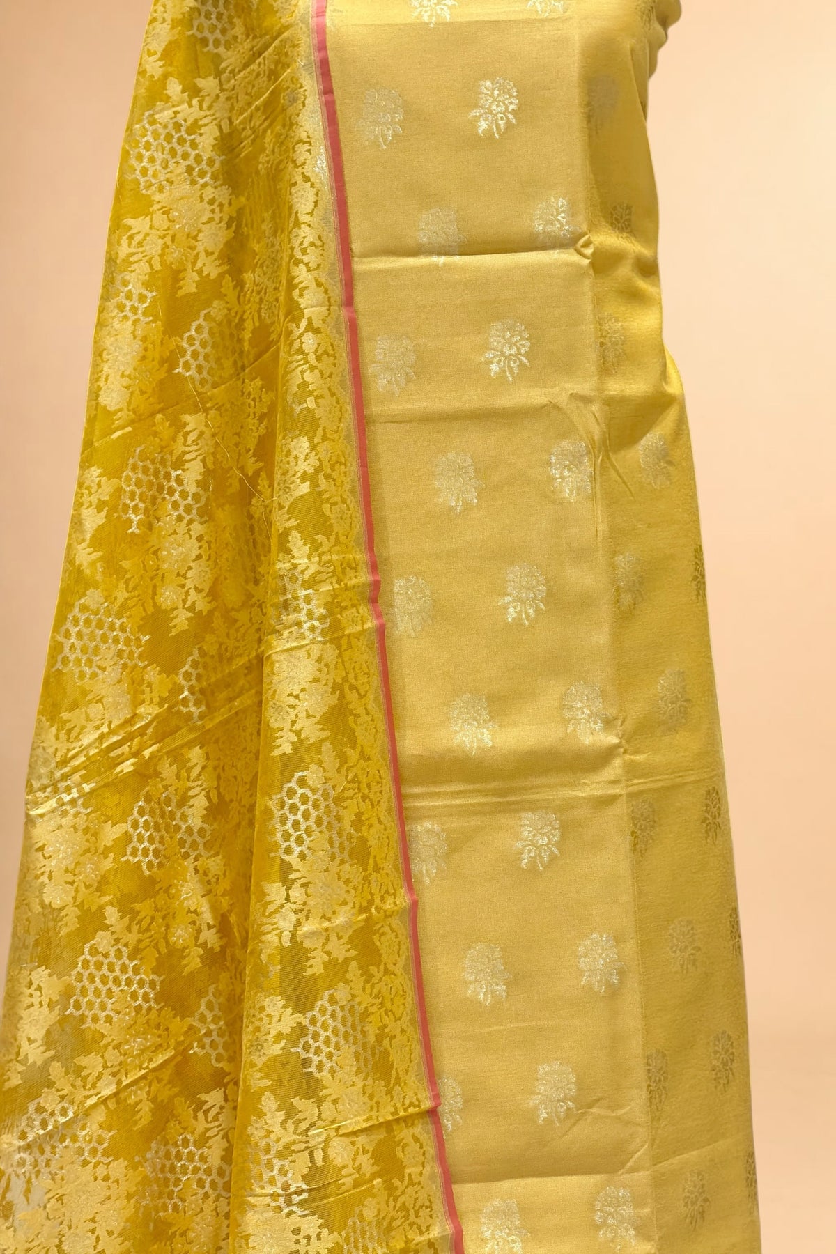 Yellow Banarasi Pure Fine Raw Silk Suit Set with Kora Net Dupatta