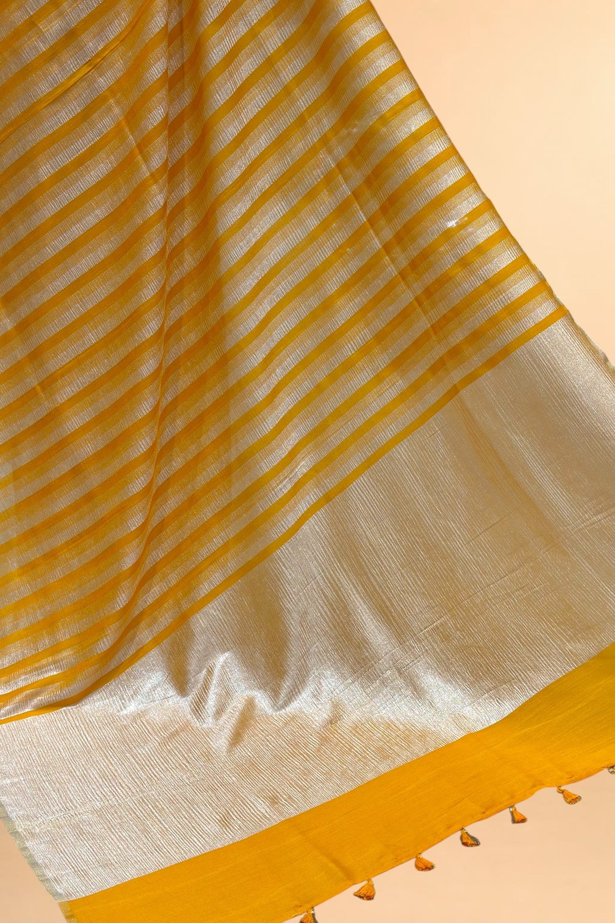 Yellow Pure Munga Silk Saree with Tissue Stripes