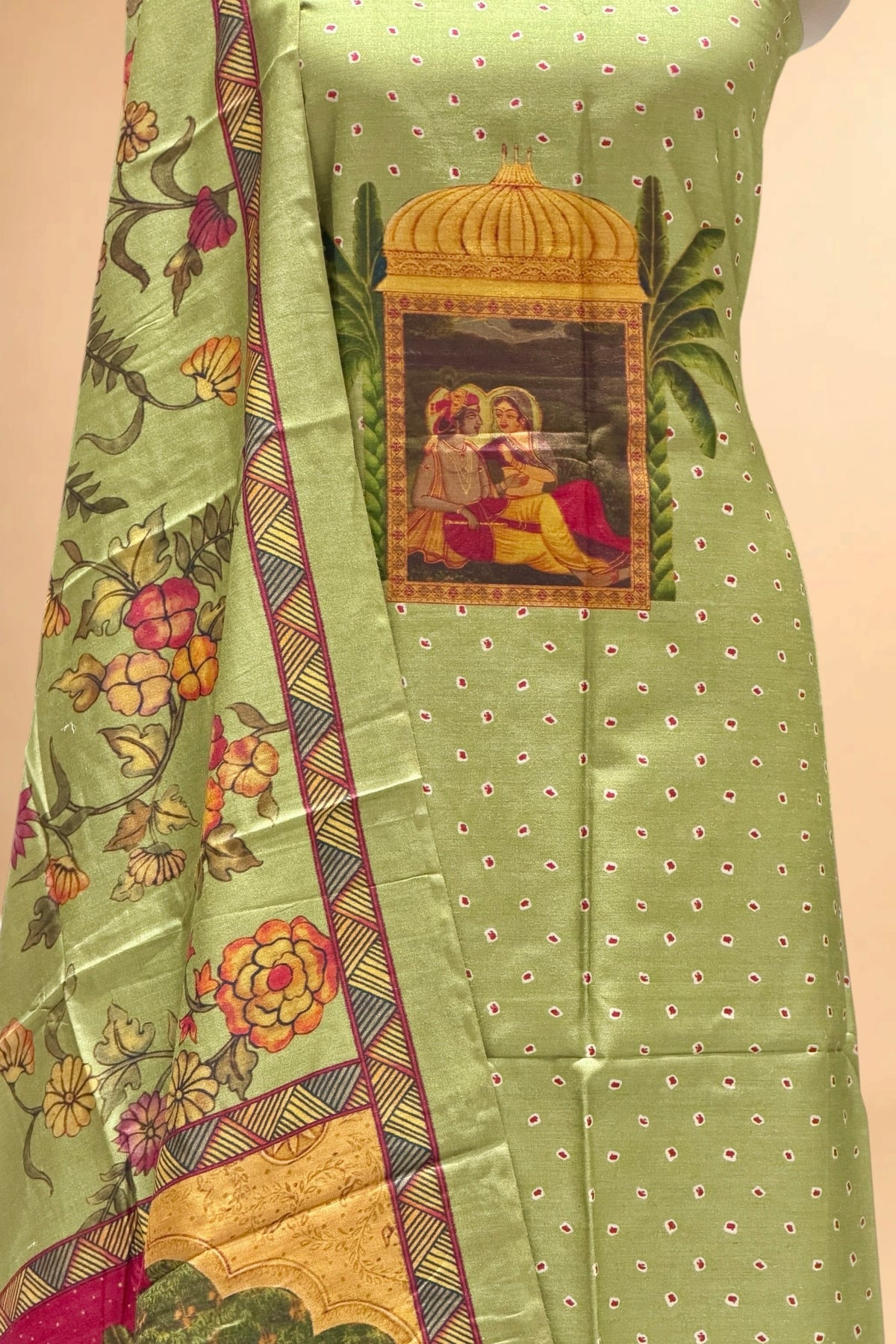 Dusty Green Printed Pure Banarasi Munga Silk Suit Set
