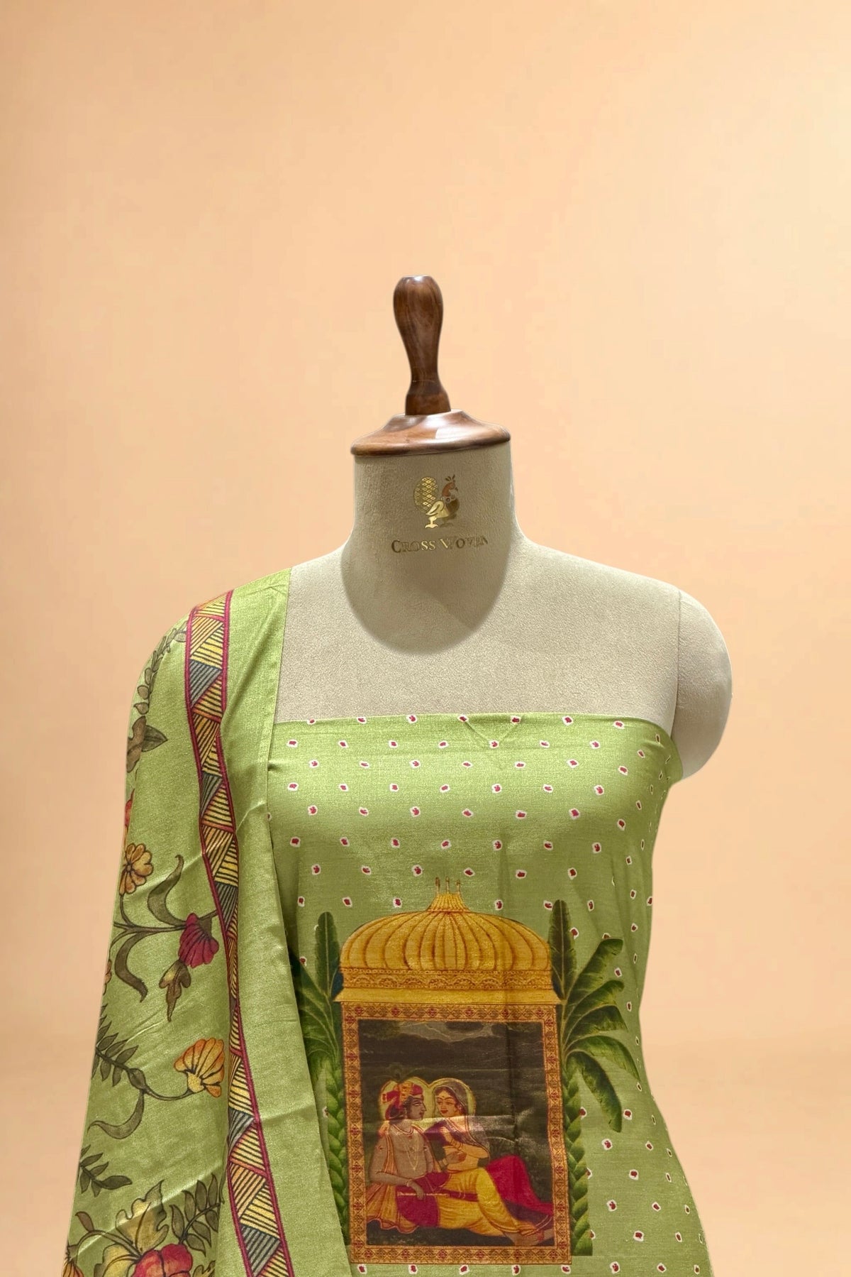Dusty Green Printed Pure Banarasi Munga Silk Suit Set