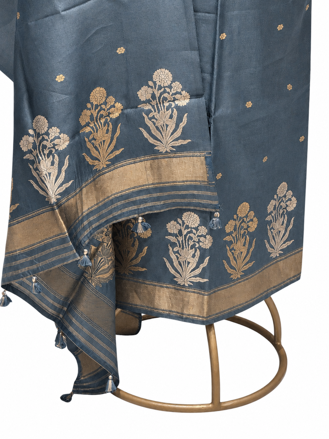 Blue-ish Grey Pure Silk Suit Set With Statement Bootas