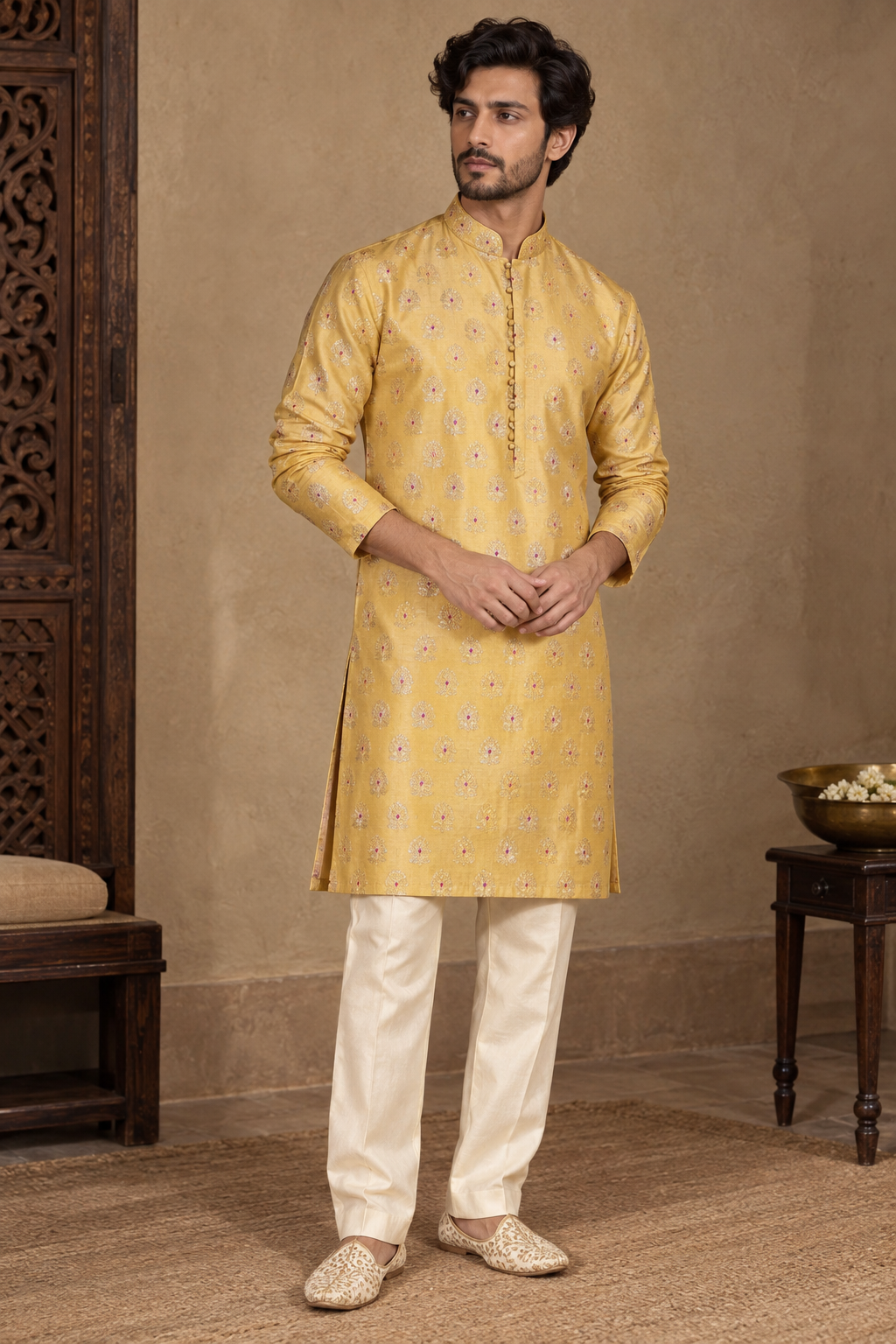 Yellow Pure Katan Silk Floral Meenakari Motif Fabric