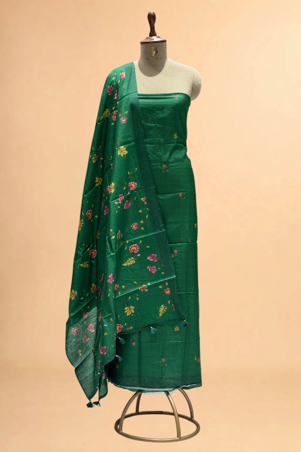 Emerald Green Printed Pure Banarasi Munga Silk Suit Set