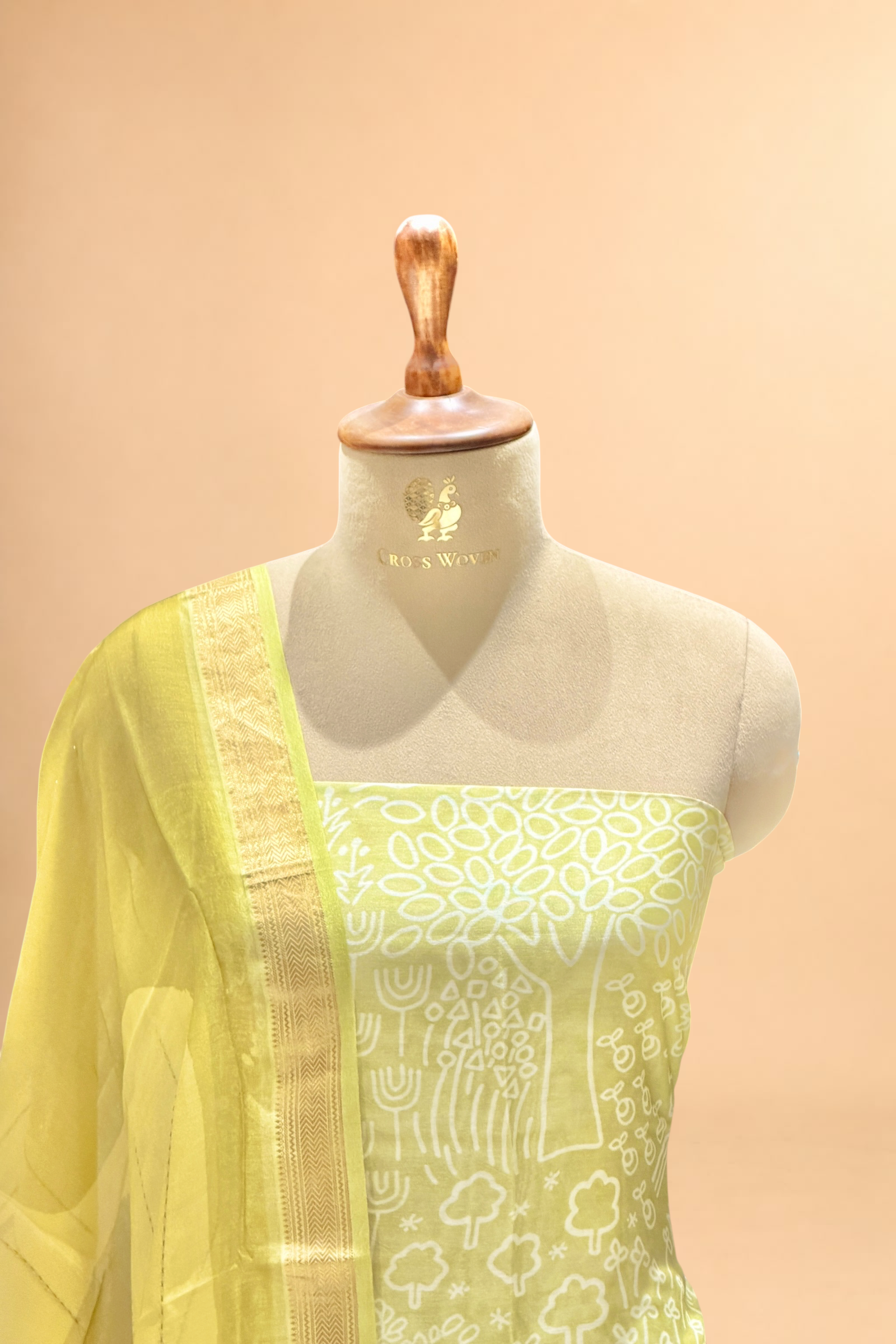 Pastel Lime Chanderi Block Print Suit Set with Printed Dupatta