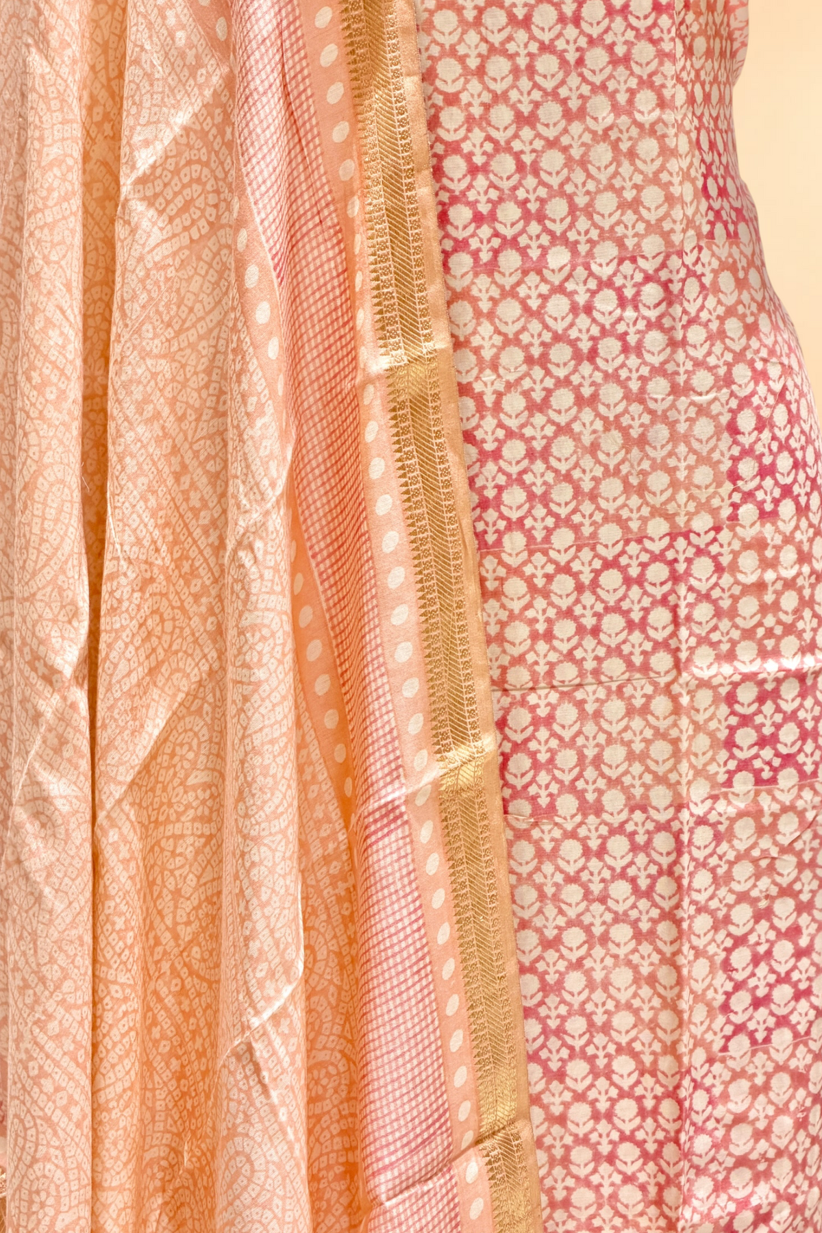 Blush Pink Block Printed Chanderi Suit Set with Bandhani Style Printed Dupatta